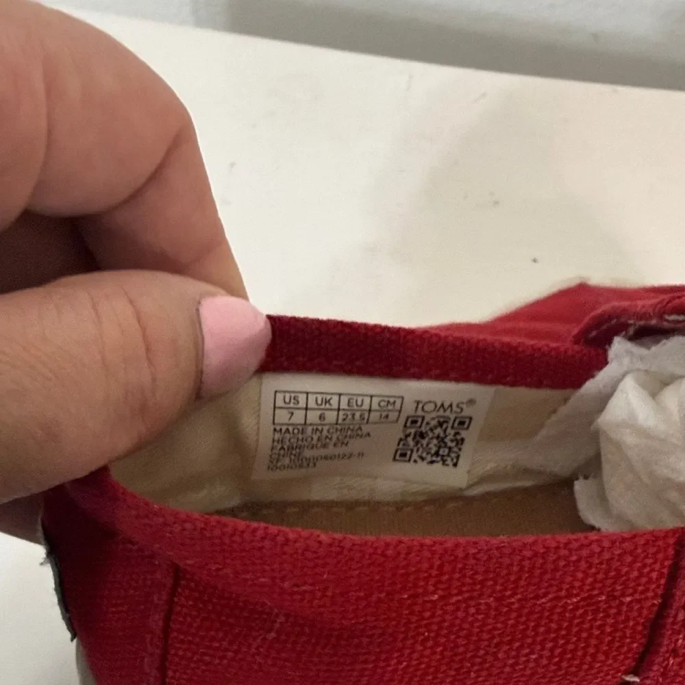 TOMS Kids Red Canvas Velcro sneakers- Size 7